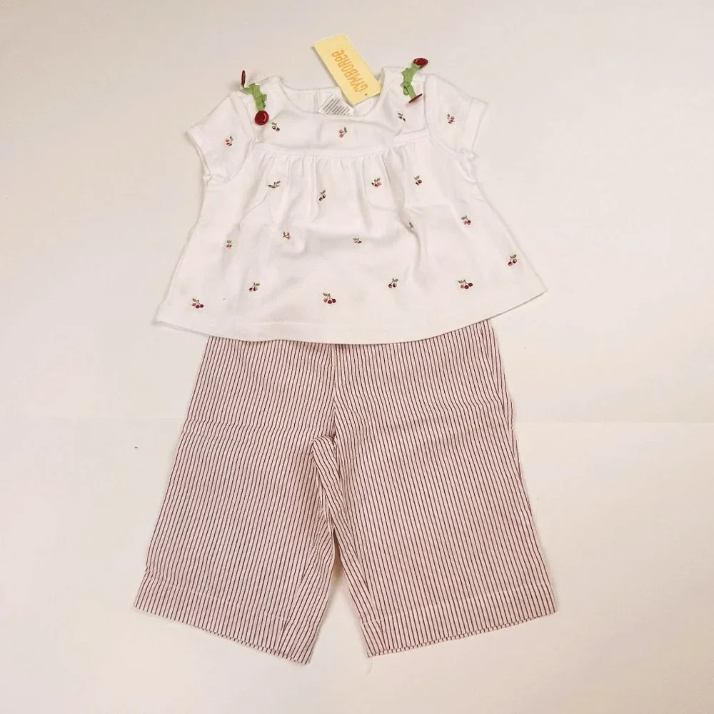 NWT Gymboree Girl Seersucker Stripe Cheery Capri & Cherry Top Size 6-12Months